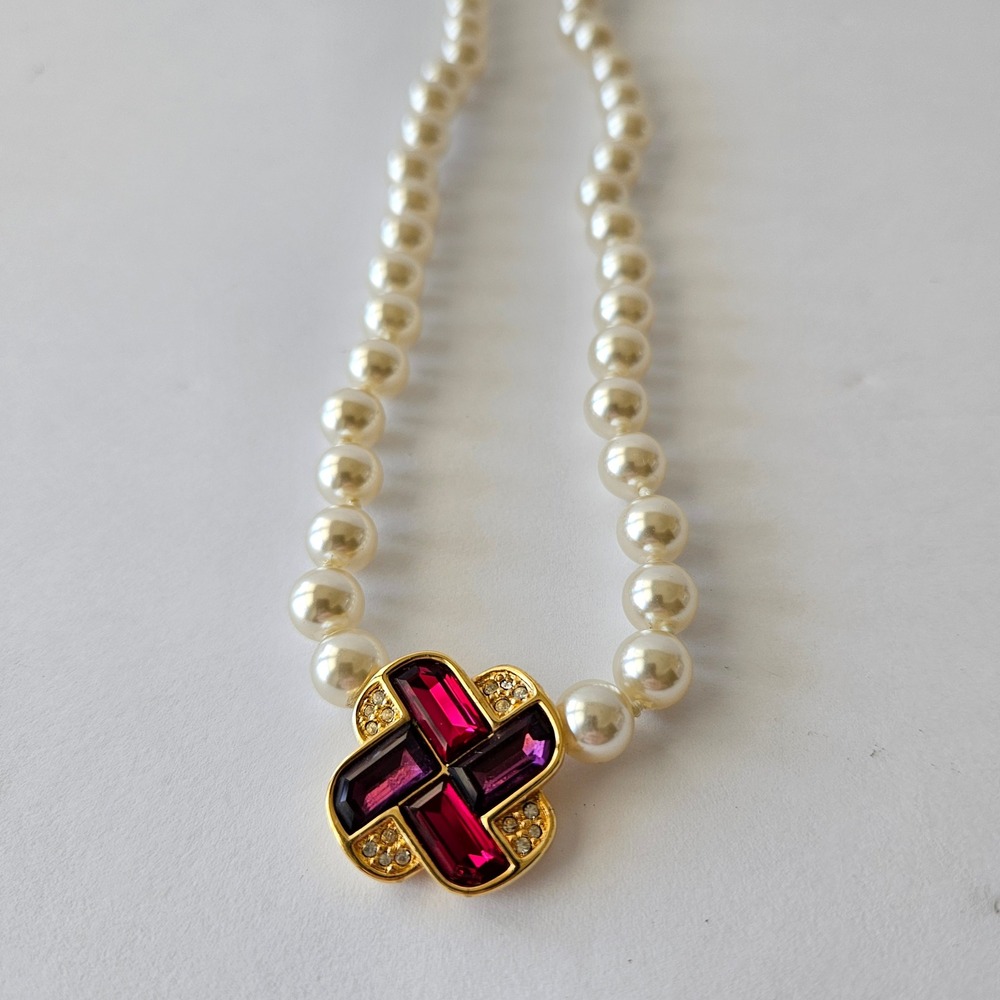 Vtg Swarovski Savvy Faux‎ Pearl Beaded Pink Purple Crystal 15" Choker Necklace